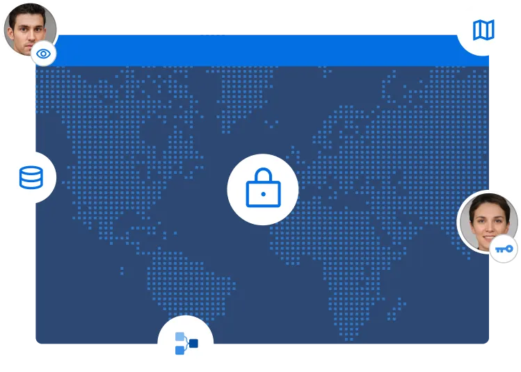 A global map with icons representing data security, user profiles, access control, and authentication.