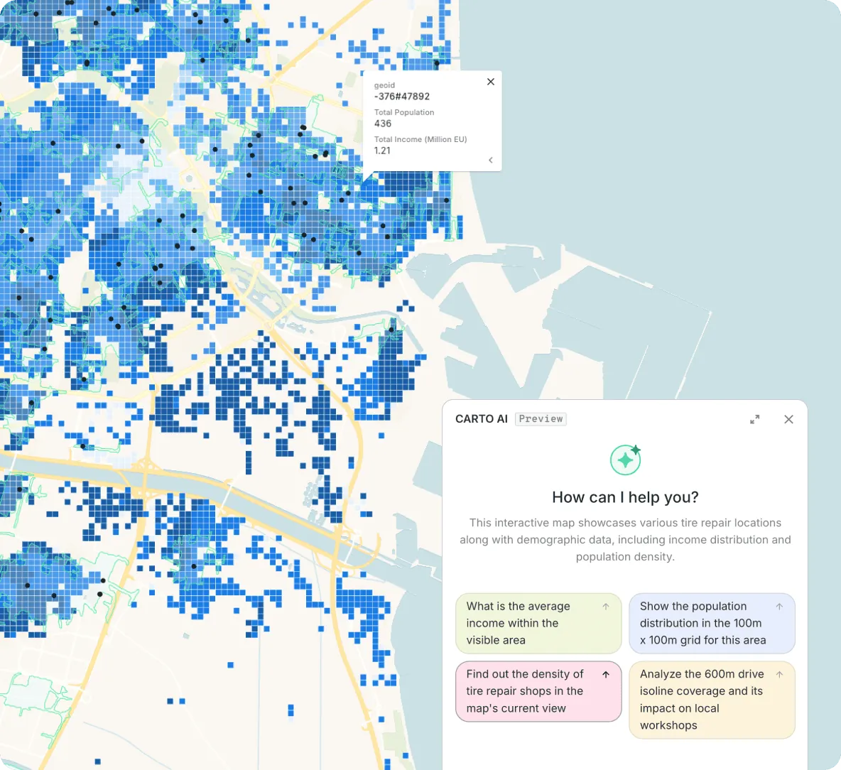Map with AI assistant suggesting prompts for map with tire repair shops locations 