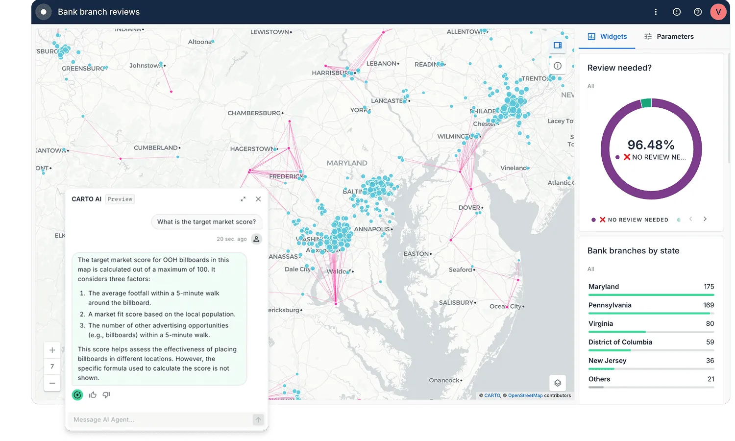 Bank branches map with AI agent activated