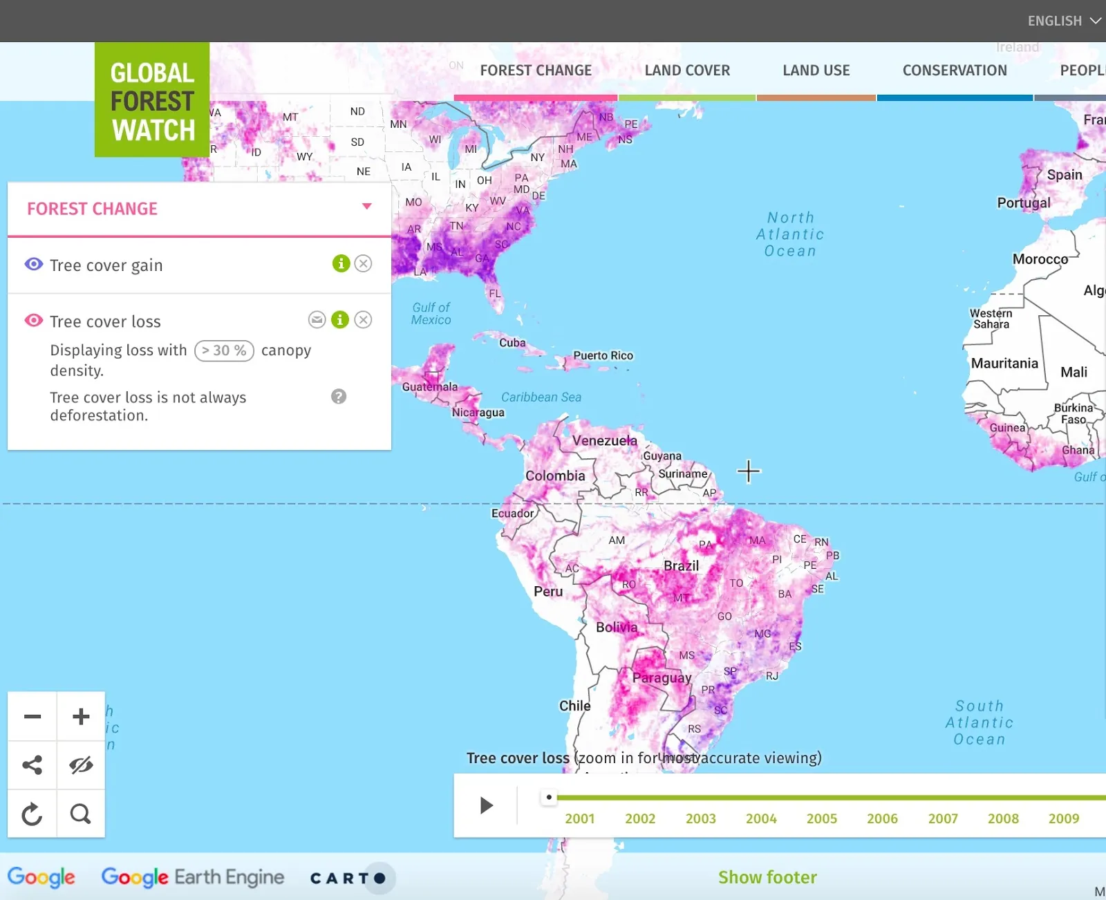 GFW map showing tree cover gain and loss