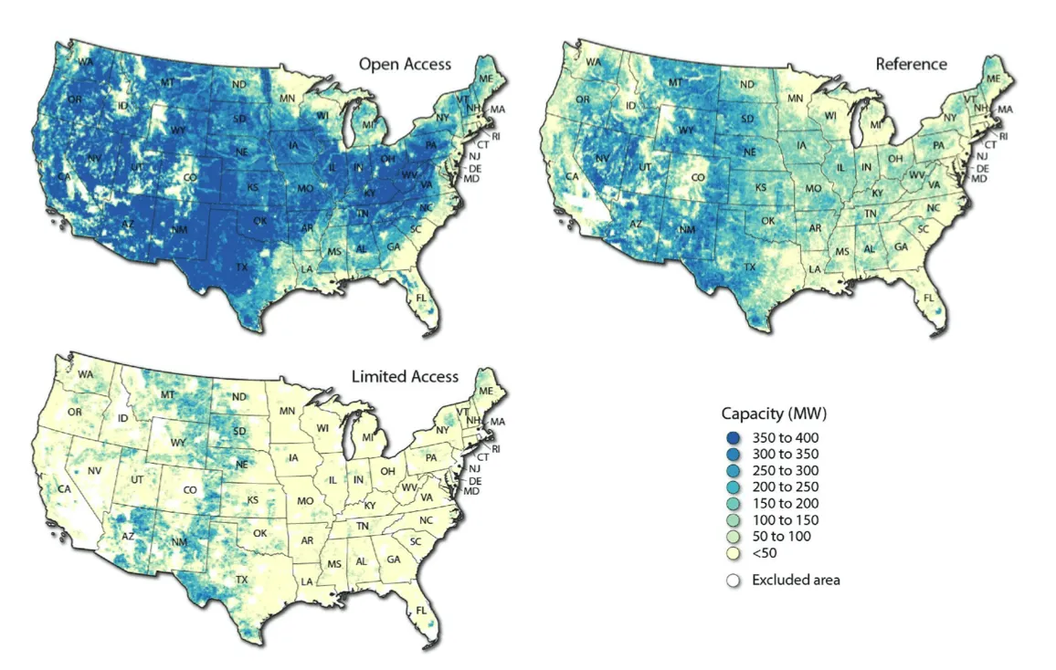 Developable onshore wind capacity per 11.5 km x 11.5 km site for the three siting regimes.