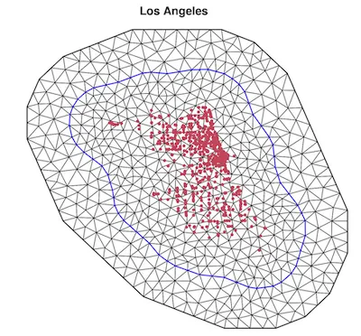 Plot for the Los Angeles area where the locations of the largest restaurant brands are overlaid on the mesh