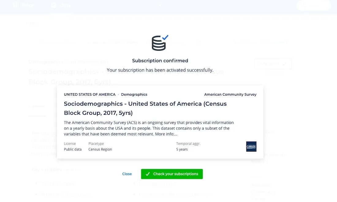 Screenshot showcasing confirmation of dataset subscription