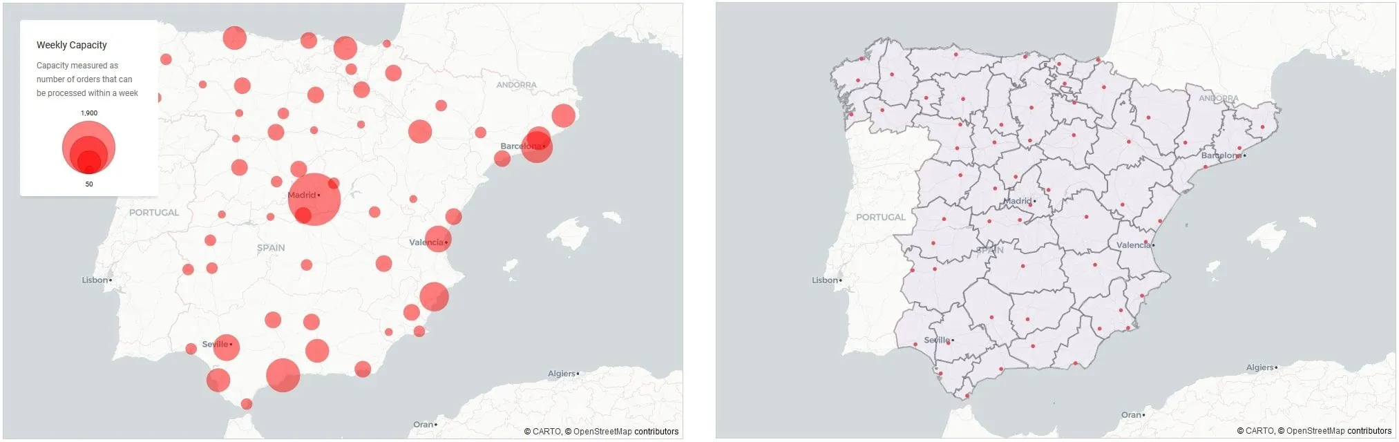 Figure 12: Distribution Centres | Locations and capacity (left panel) and current operational areas (right panel)
