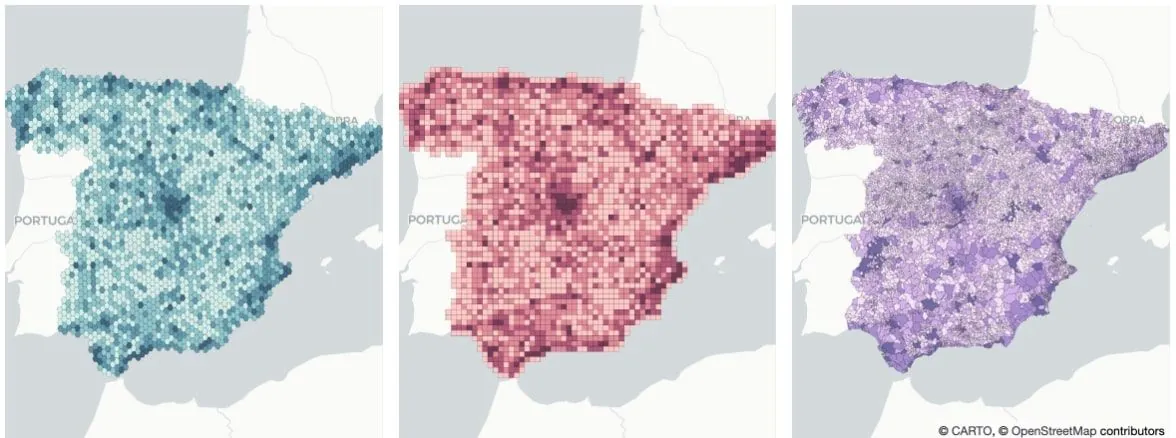 Figure 15: Spatial aggregation methods H3 (left) Quadkey (middle) and natural (right)