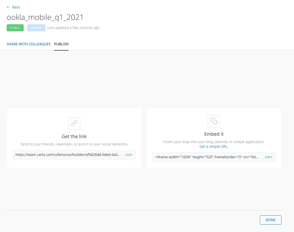 A screenshot showing options to publish the created map