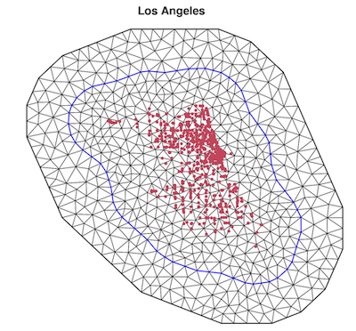 Plot for the Los Angeles area where the locations of the largest restaurant brands are overlaid on the mesh