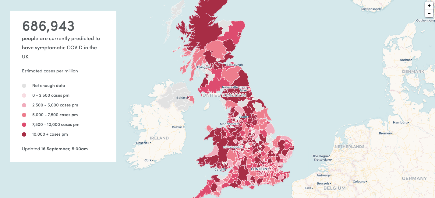 Screenshot of map showing asymptomatic Covid cases in the UK