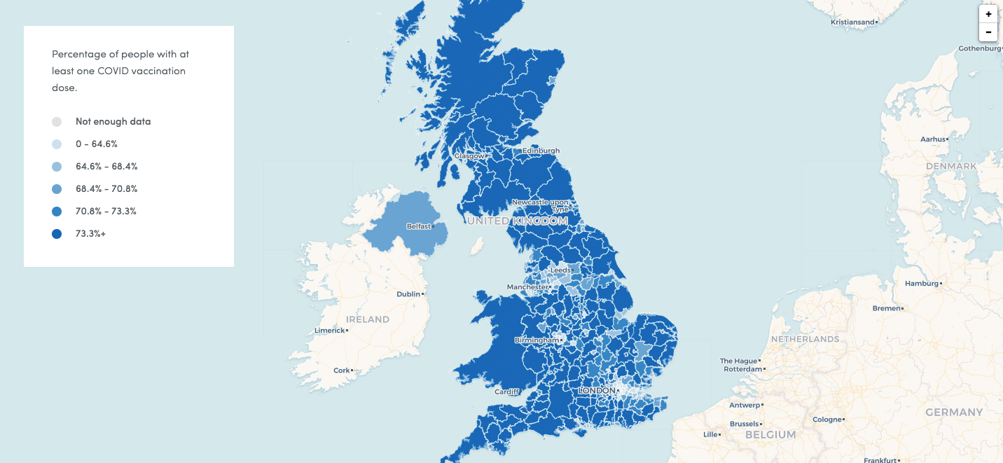 Screenshot of map showing vaccination progress in the UK