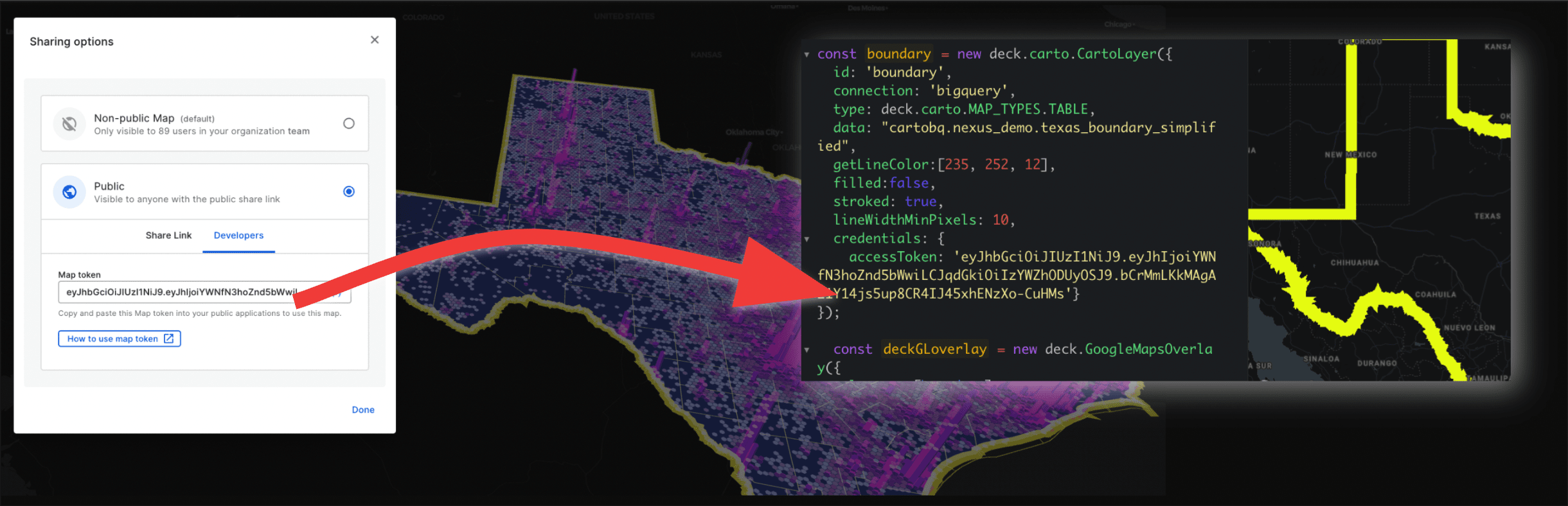 Screenshot showing how to quickly visualize BigQuery data in CARTO