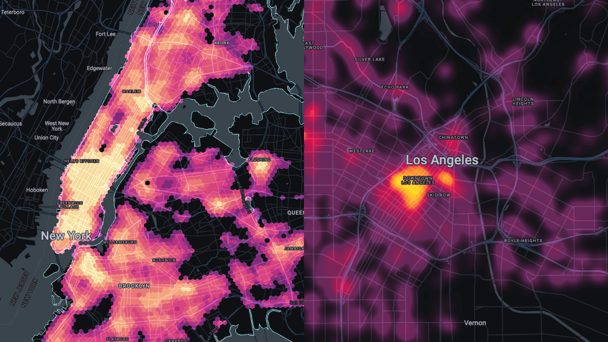 Comparison of a Hotspot Analysis (left) vs a Heatmap (right)